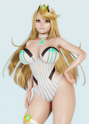 Make sure you download the full image and not the thumbnail, or the card won’t work!

Mythra from Xenoblade Chronicles 2 in her Radiant Beach outfit. I couldn’t do Pyra without also doing Mythra, I think those are just the rules. Personally, I always thought the swimsuit they gave Mythra was kind of bland comparatively, but I tried to make sure I didn’t skimp on the details of the design—even if the cut couldn’t be perfect. 

Better repack mods recommended, as she’s got tons of accessories.

The outfit without her hair accessories can be found here: https://kenzato.uk/booru/image/bGBU4